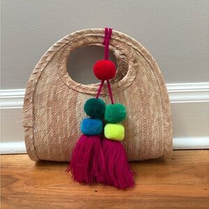 Woven Straw Bag with Colorful Pom Poms
